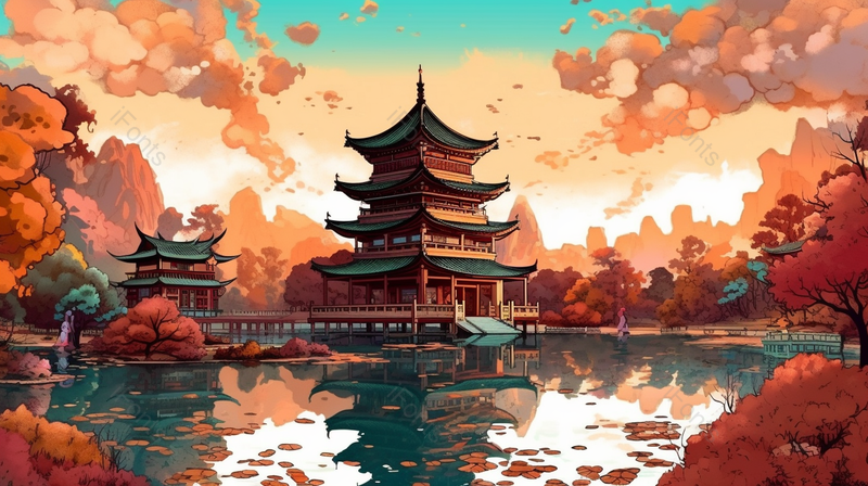 壮阔蓝色天空国潮古建筑湖景湖泊宫殿白云国风插画,插画/手绘图,插画/手绘图库,插画/手绘图下载,插画/手绘